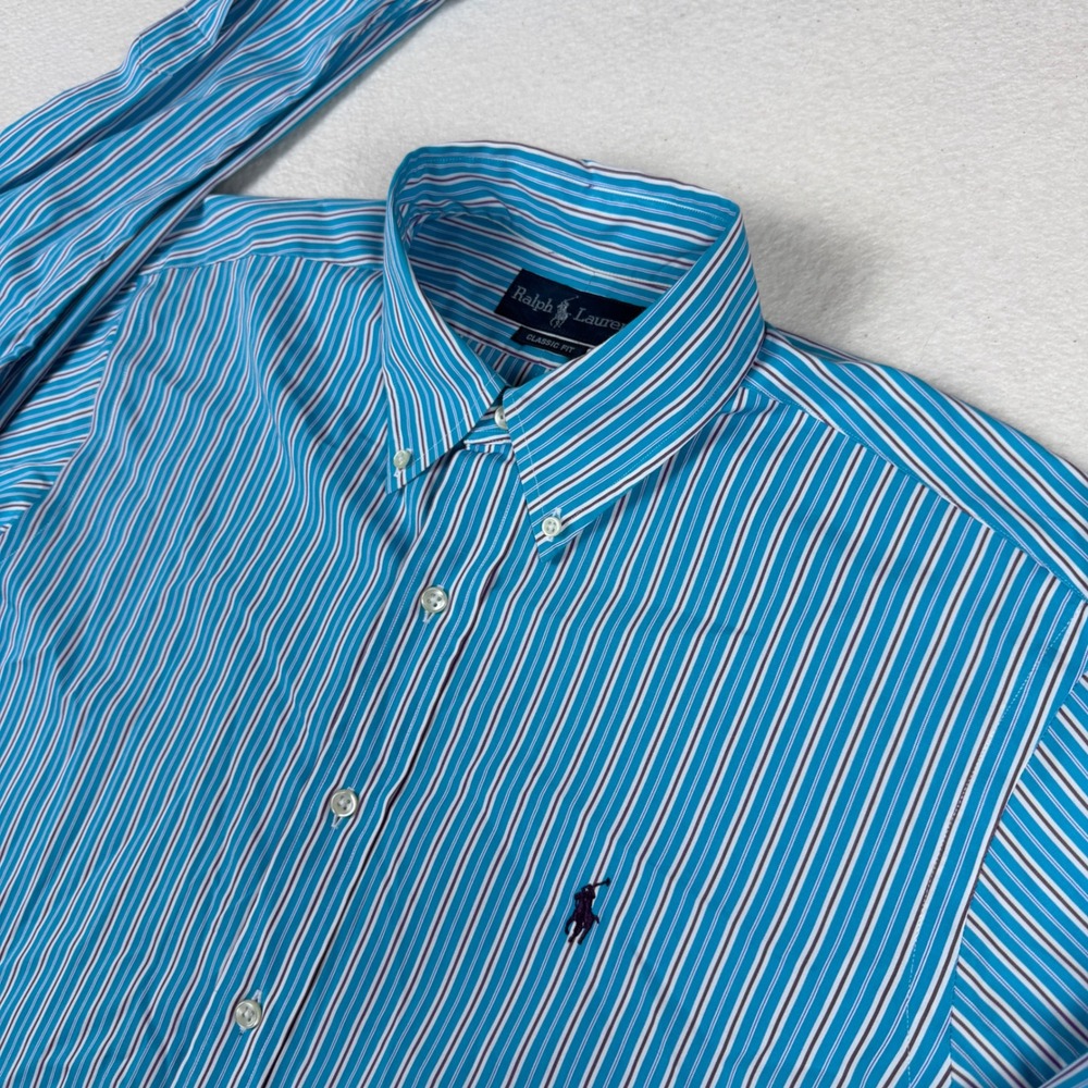 Ralph Lauren Mens Classic Fit Striped Button Down Shirt Turquoise Blue Large L